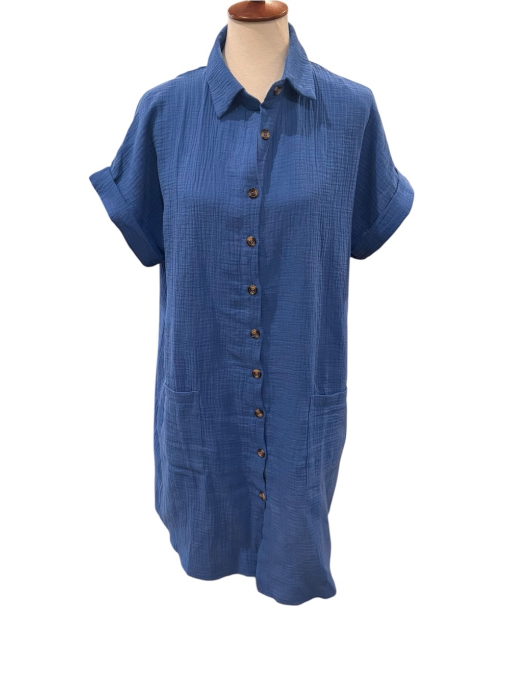Button-Front Cotton Gauze Shirt Dress in Blue Sz L